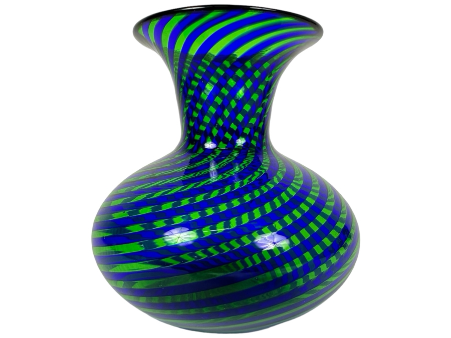 Stunning Vintage Artist Signed Italian Murano Glass Spiral Vase Blue & Green 6'H [Photo 1]
