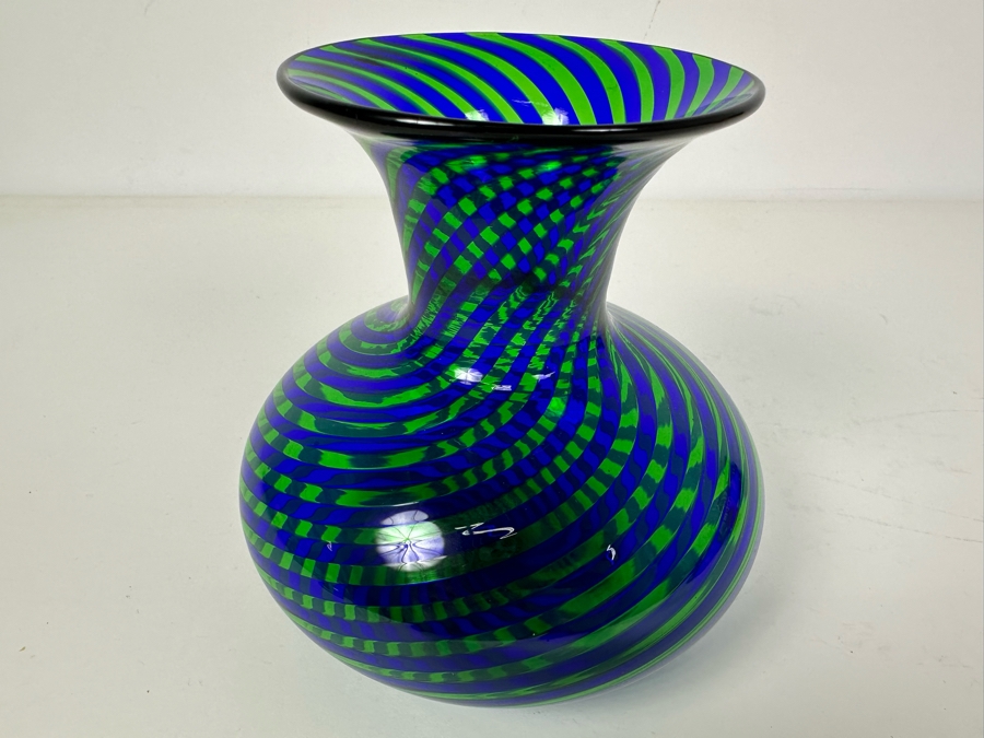Stunning Vintage Artist Signed Italian Murano Glass Spiral Vase Blue & Green 6'H [Photo 6]