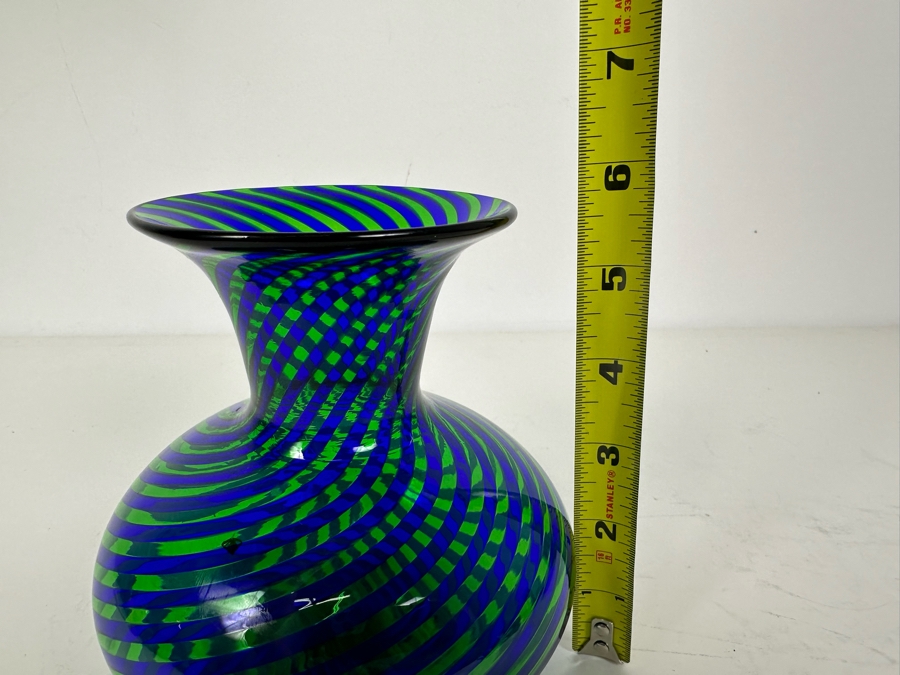 Stunning Vintage Artist Signed Italian Murano Glass Spiral Vase Blue & Green 6'H [Photo 12]