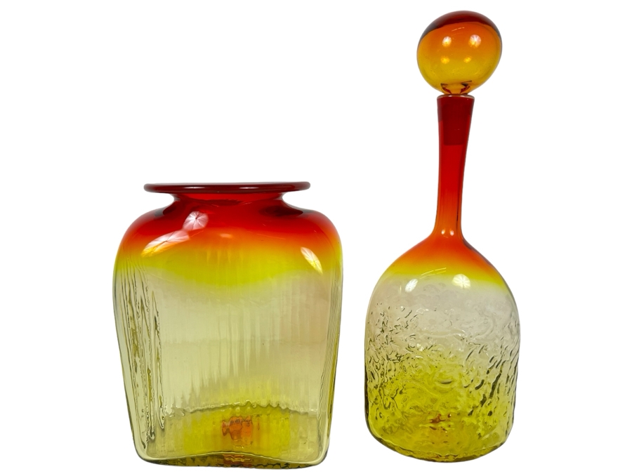 Vintage Amberina Glass Vase Blenko? 12'H And Vintage Blenko Glass Amberina Vase Bottle With Stopper Designed By Joel Philip Myers 16.5'H [Photo 1]