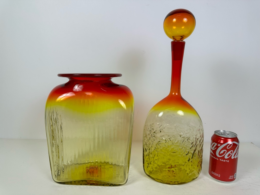 Vintage Amberina Glass Vase Blenko? 12'H And Vintage Blenko Glass Amberina Vase Bottle With Stopper Designed By Joel Philip Myers 16.5'H [Photo 6]