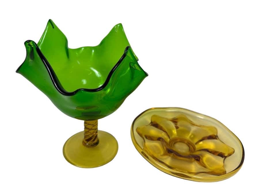 Footed Art Glass Bowl 8.5'H And Amber Glass Dish 8.5'W [Photo 1]