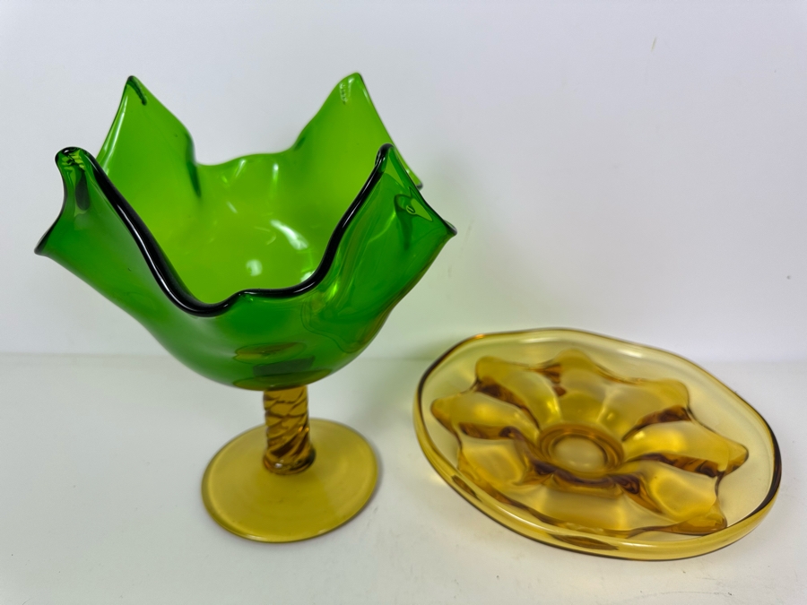 Footed Art Glass Bowl 8.5'H And Amber Glass Dish 8.5'W [Photo 2]