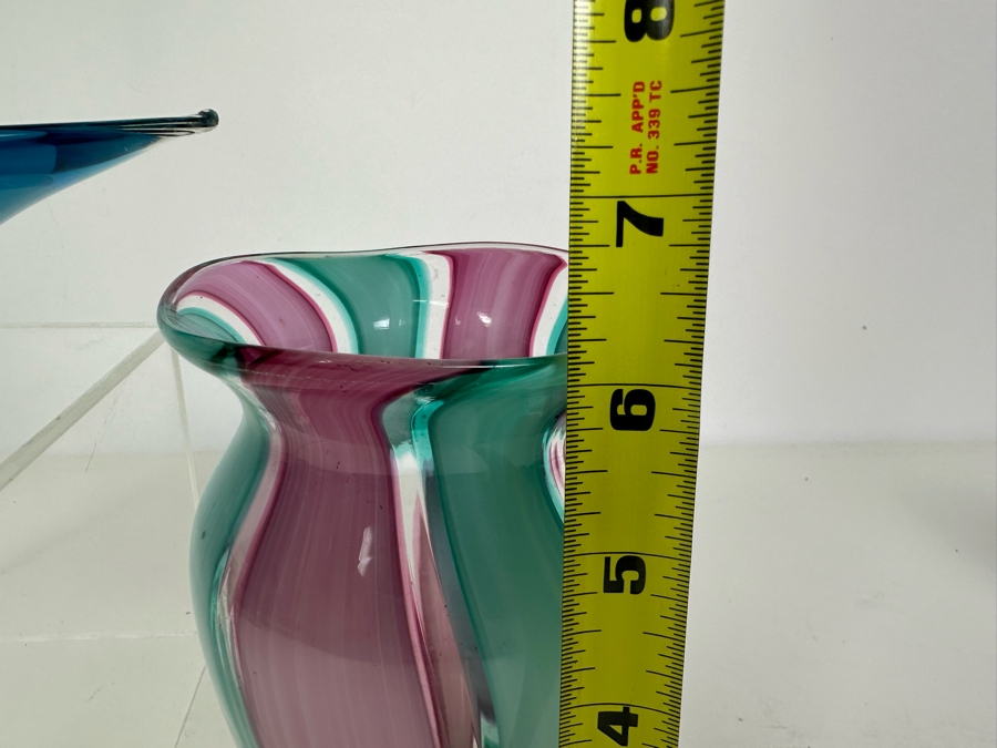Blue Art Glass Bowl and Green and Pink Art Glass Vase 6.25'H [Photo 5]
