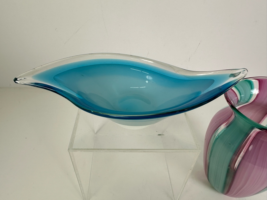 Blue Art Glass Bowl and Green and Pink Art Glass Vase 6.25'H [Photo 3]