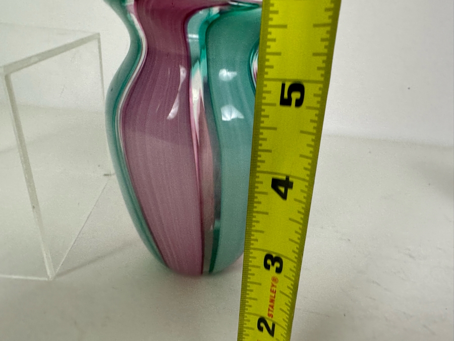 Blue Art Glass Bowl and Green and Pink Art Glass Vase 6.25'H [Photo 6]