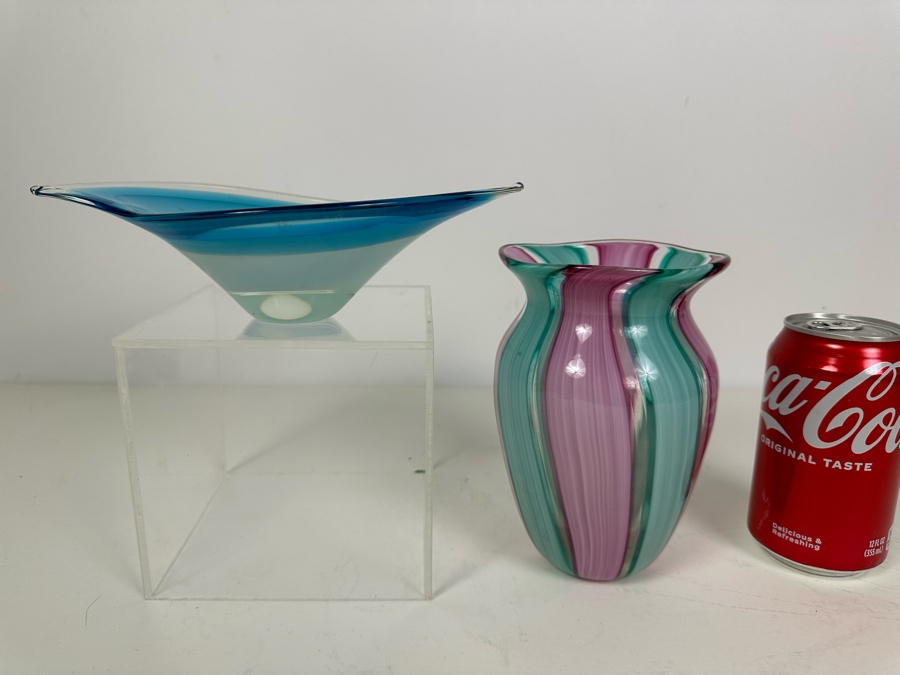 Blue Art Glass Bowl and Green and Pink Art Glass Vase 6.25'H [Photo 4]