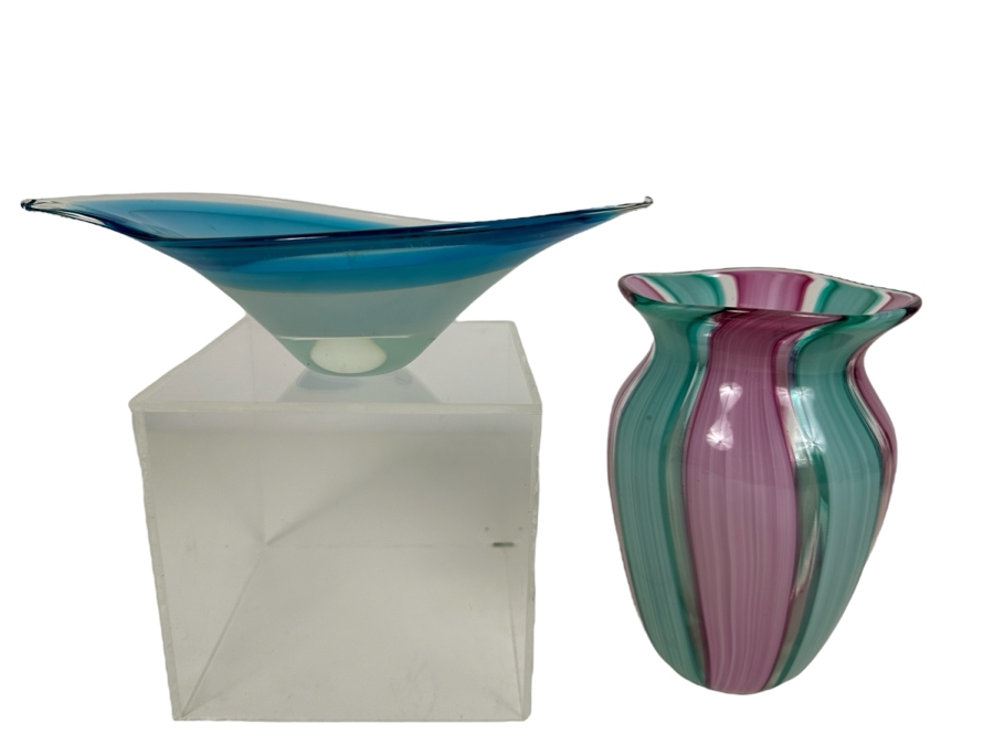 Blue Art Glass Bowl and Green and Pink Art Glass Vase 6.25'H [Photo 1]