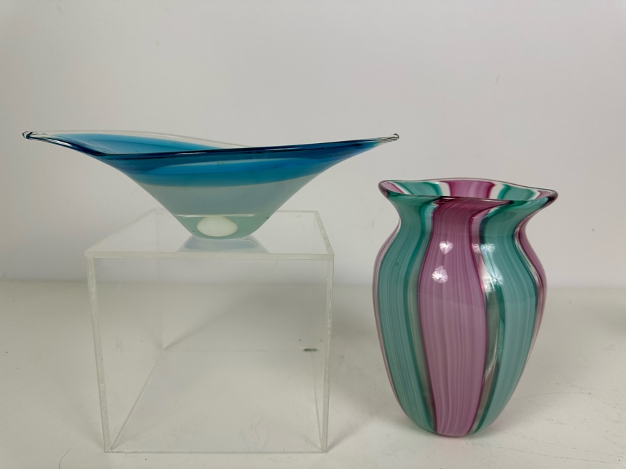 Blue Art Glass Bowl and Green and Pink Art Glass Vase 6.25'H [Photo 2]