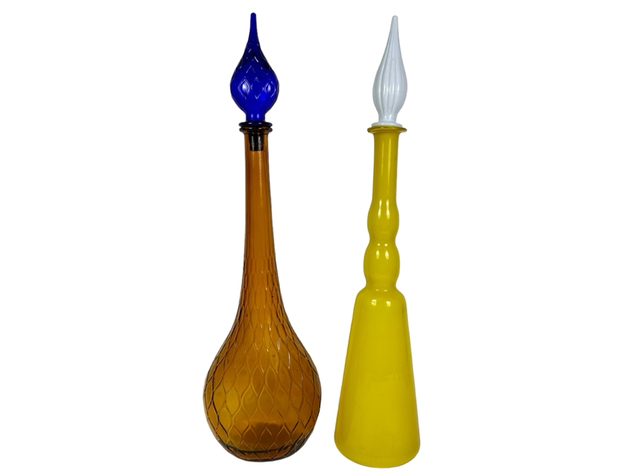 Pair Of Vintage MCM Empoli Glass Genie Bottles Decanters With Stoppers Italian Glass In Amber & Yellow 26'H