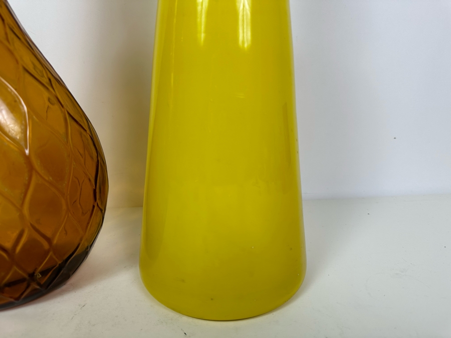 Pair Of Vintage MCM Empoli Glass Genie Bottles Decanters With Stoppers Italian Glass In Amber & Yellow 26'H [Photo 5]