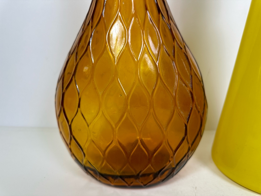 Pair Of Vintage MCM Empoli Glass Genie Bottles Decanters With Stoppers Italian Glass In Amber & Yellow 26'H [Photo 2]