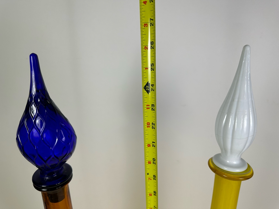 Pair Of Vintage MCM Empoli Glass Genie Bottles Decanters With Stoppers Italian Glass In Amber & Yellow 26'H [Photo 8]