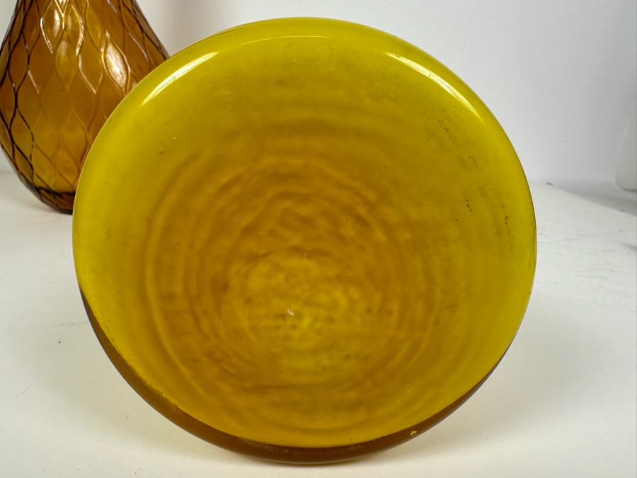 Pair Of Vintage MCM Empoli Glass Genie Bottles Decanters With Stoppers Italian Glass In Amber & Yellow 26'H [Photo 6]