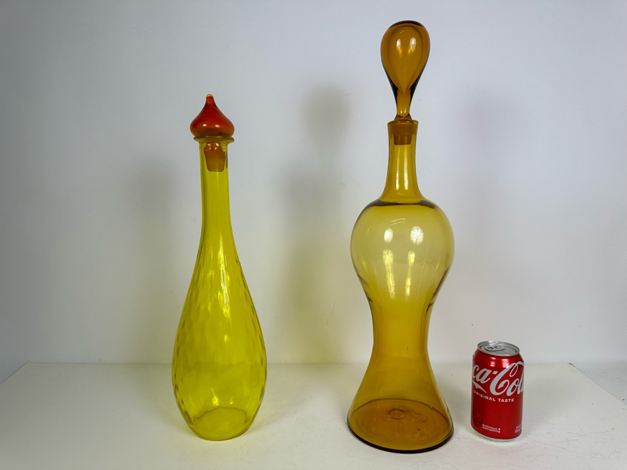 Vintage Pair Of Large Handmade Glass Bottles Decanters With Stoppers - Vase On Right Is Blenko Glass 18'H & 22'H [Photo 11]