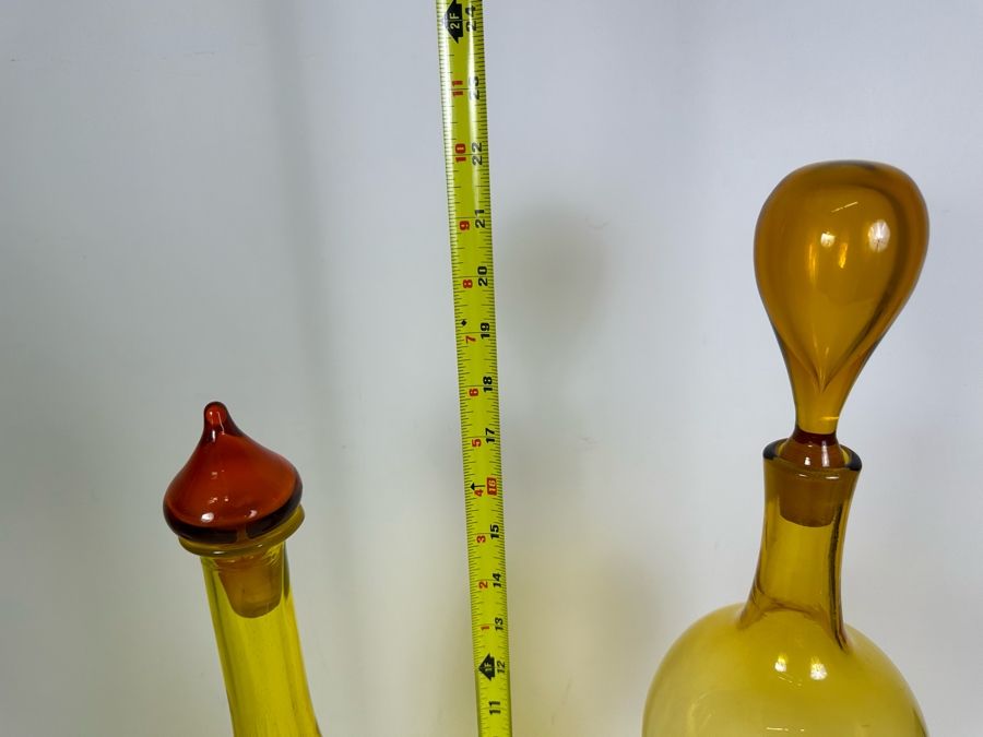 Vintage Pair Of Large Handmade Glass Bottles Decanters With Stoppers - Vase On Right Is Blenko Glass 18'H & 22'H [Photo 12]