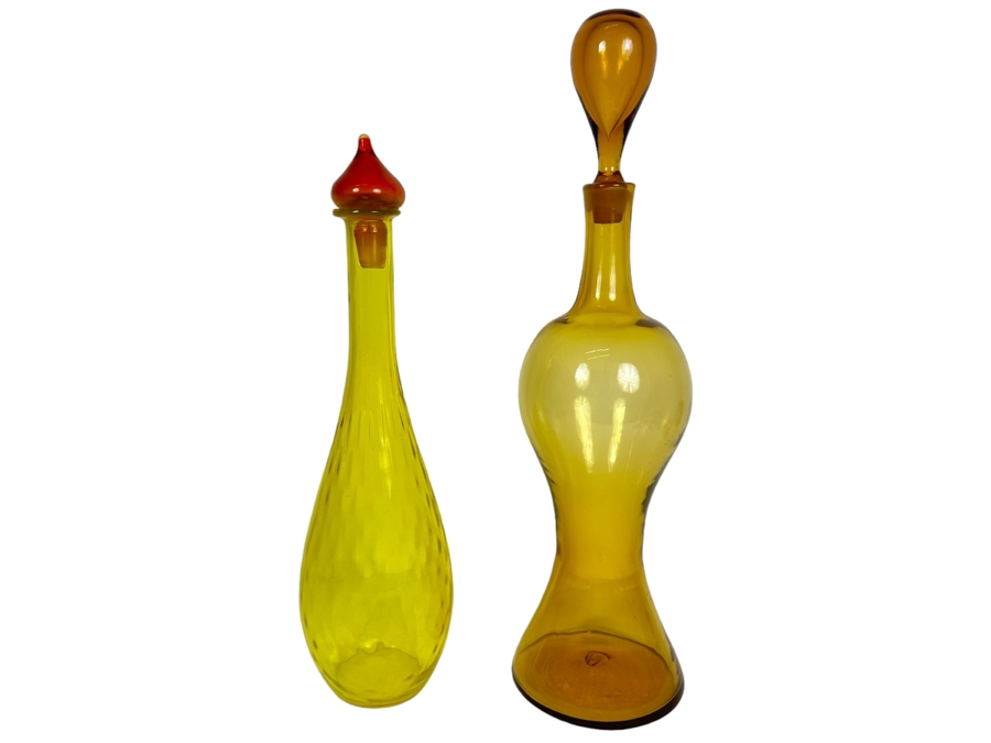 Vintage Pair Of Large Handmade Glass Bottles Decanters With Stoppers - Vase On Right Is Blenko Glass 18'H & 22'H