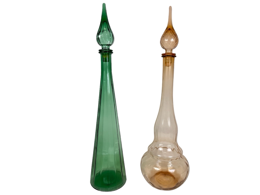 Pair Of Vintage MCM Empoli Glass Genie Bottles Decanters Italian Glass 24'H	