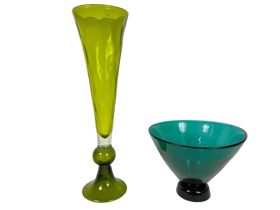 Tall Art Glass Vase 18.5'H And Footed Art Glass Bowl 7'H