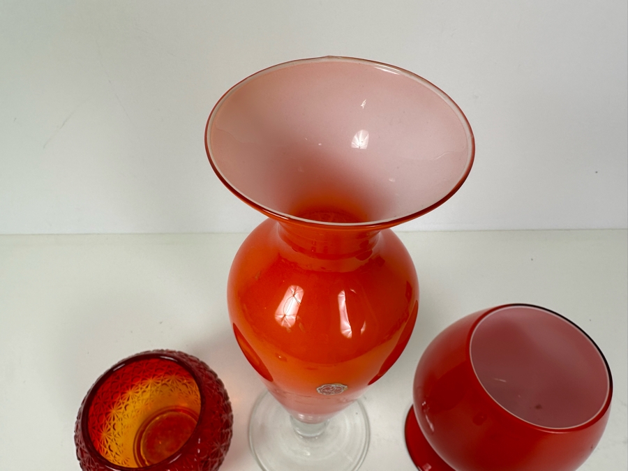 Wright Glass Amerina Rose Bowl 4'H (L), Italian Glass Vase 12'H (M), Red Glass Footed Bowl Vase 6.5'H (R) [Photo 3]