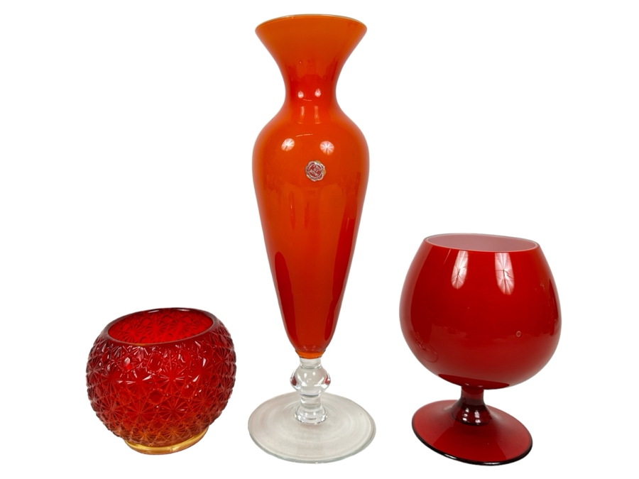 Wright Glass Amerina Rose Bowl 4'H (L), Italian Glass Vase 12'H (M), Red Glass Footed Bowl Vase 6.5'H (R)