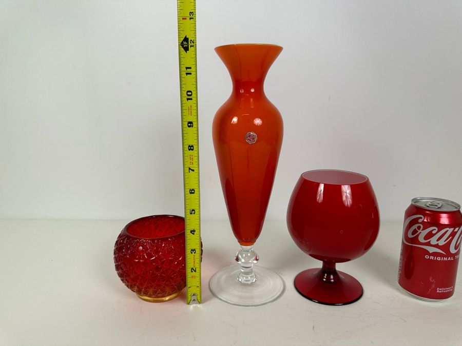Wright Glass Amerina Rose Bowl 4'H (L), Italian Glass Vase 12'H (M), Red Glass Footed Bowl Vase 6.5'H (R) [Photo 7]