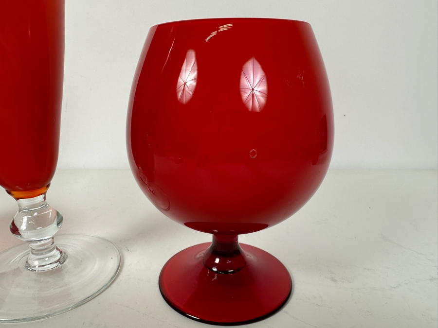 Wright Glass Amerina Rose Bowl 4'H (L), Italian Glass Vase 12'H (M), Red Glass Footed Bowl Vase 6.5'H (R) [Photo 5]