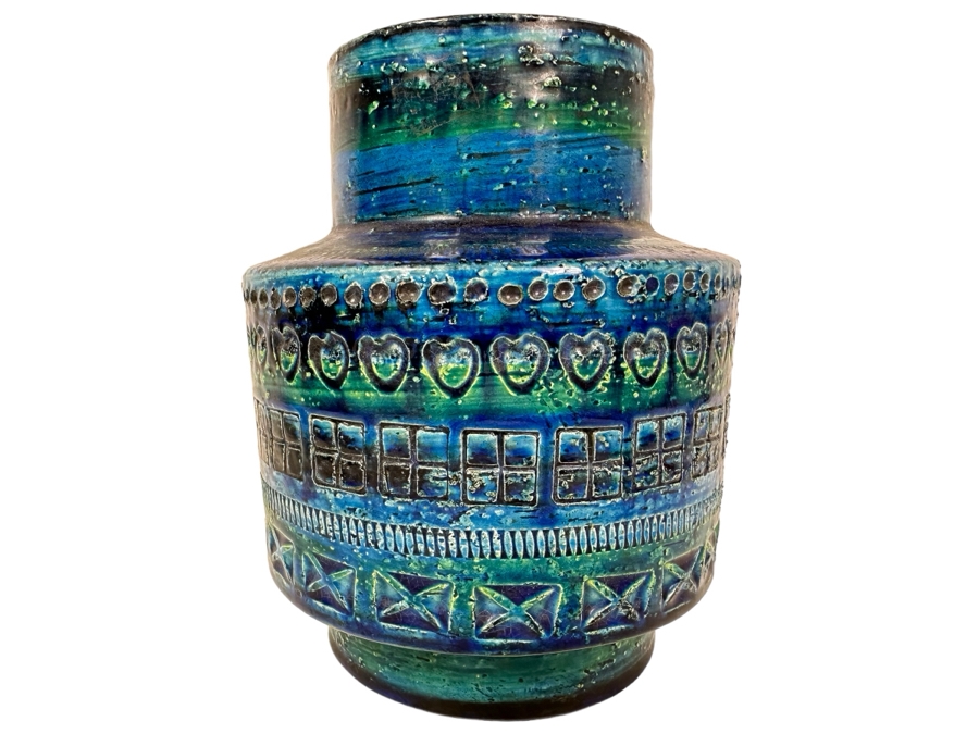 Vintage MCM Bitossi Italian Ceramic Pottery Vase Blues And Greens 7'H	