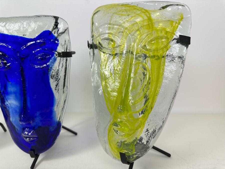 Three Vintage Kosta Boda Art Glass Faces With Stands / Candle Holders 11'H [Photo 5]