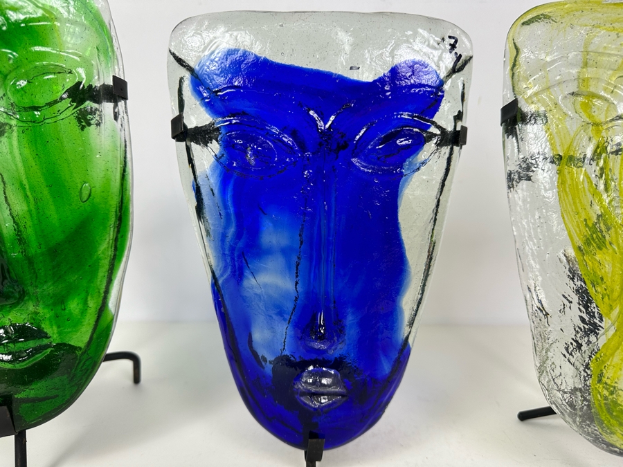 Three Vintage Kosta Boda Art Glass Faces With Stands / Candle Holders 11'H [Photo 3]
