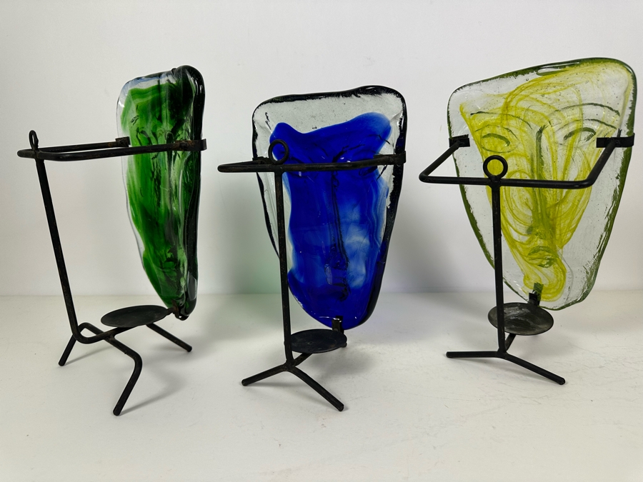 Three Vintage Kosta Boda Art Glass Faces With Stands / Candle Holders 11'H [Photo 6]