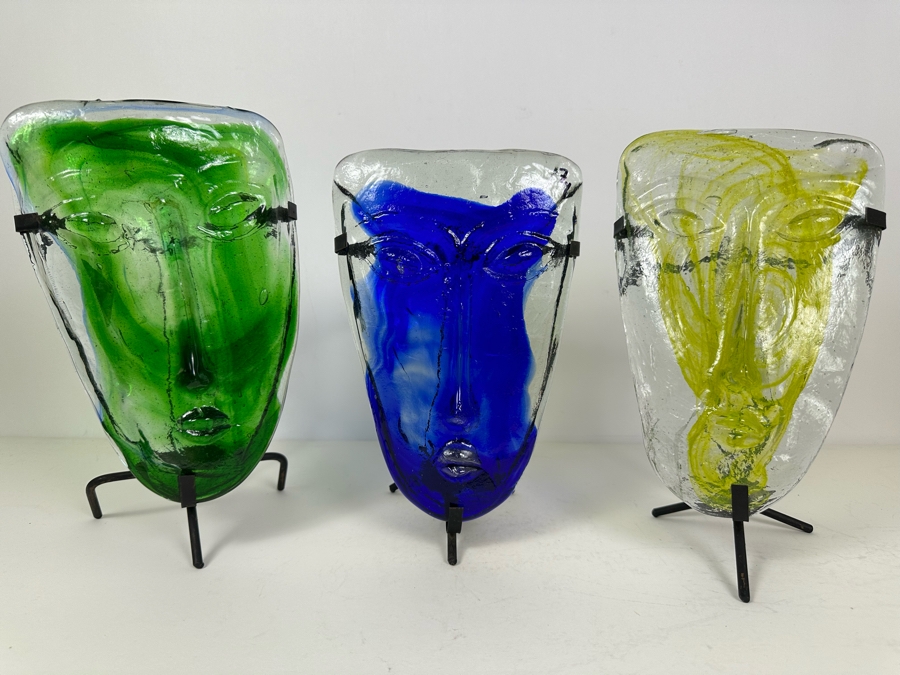 Three Vintage Kosta Boda Art Glass Faces With Stands / Candle Holders 11'H [Photo 2]
