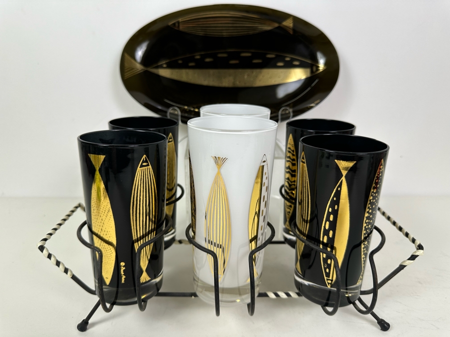 Mid-Century Modern Fred Press Glassware White & Black (Six Glasses) With Metal Carrier Caddy And Matching Tray Fish Design [Photo 8]