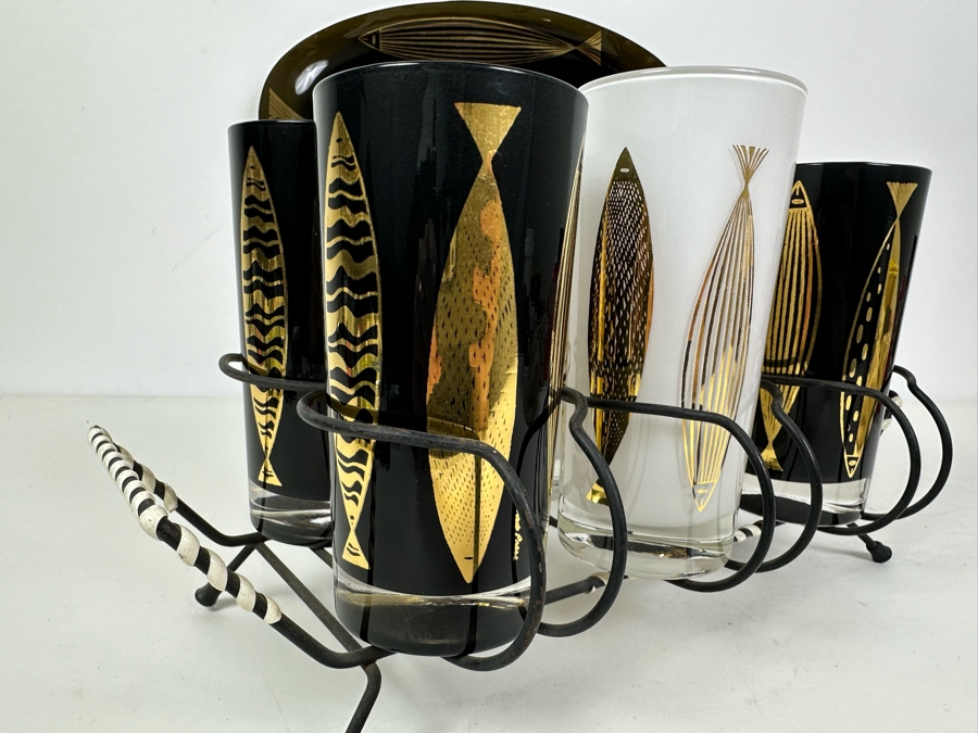 Mid-Century Modern Fred Press Glassware White & Black (Six Glasses) With Metal Carrier Caddy And Matching Tray Fish Design [Photo 4]
