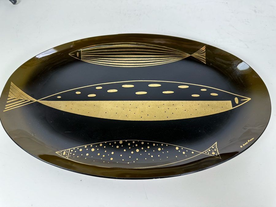 Mid-Century Modern Fred Press Glassware White & Black (Six Glasses) With Metal Carrier Caddy And Matching Tray Fish Design [Photo 5]