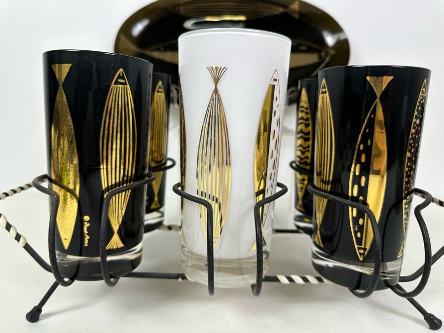 Mid-Century Modern Fred Press Glassware White & Black (Six Glasses) With Metal Carrier Caddy And Matching Tray Fish Design [Photo 2]