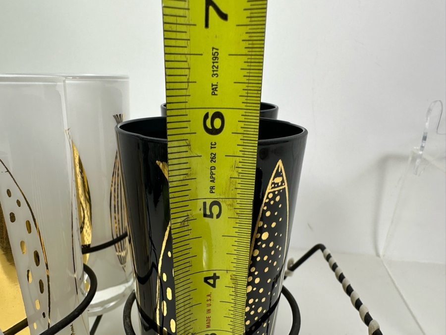 Mid-Century Modern Fred Press Glassware White & Black (Six Glasses) With Metal Carrier Caddy And Matching Tray Fish Design [Photo 9]