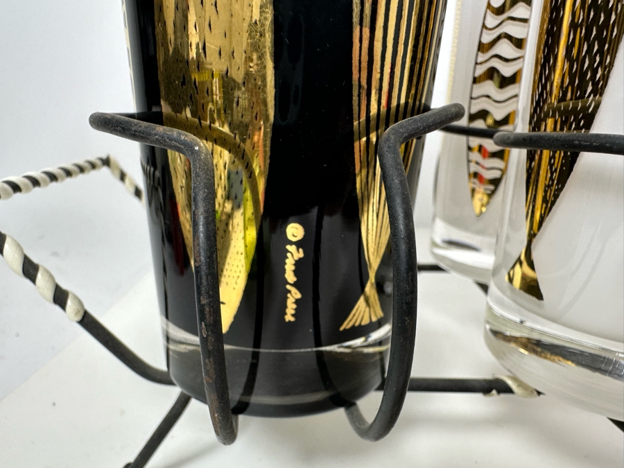 Mid-Century Modern Fred Press Glassware White & Black (Six Glasses) With Metal Carrier Caddy And Matching Tray Fish Design [Photo 7]