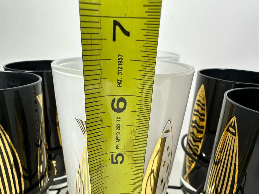 Mid-Century Modern Fred Press Glassware White & Black (Six Glasses) With Metal Carrier Caddy And Matching Tray Fish Design [Photo 10]