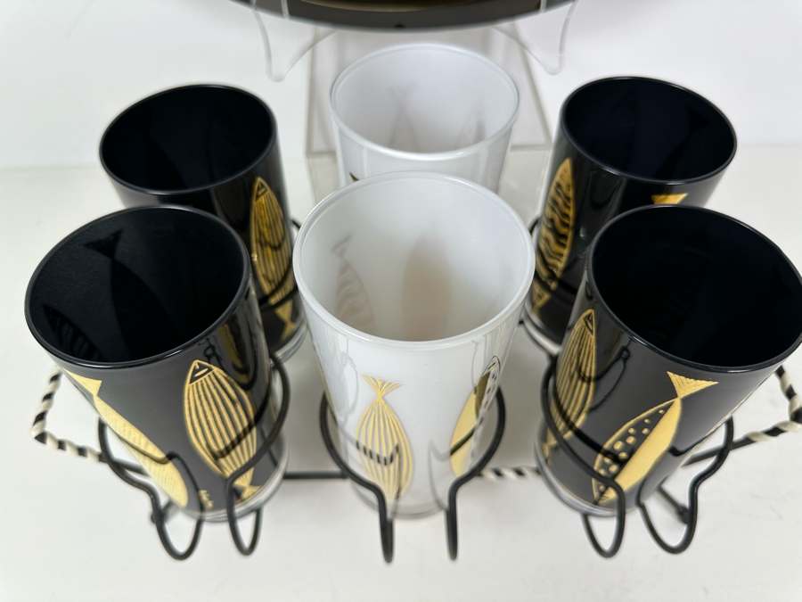 Mid-Century Modern Fred Press Glassware White & Black (Six Glasses) With Metal Carrier Caddy And Matching Tray Fish Design [Photo 3]
