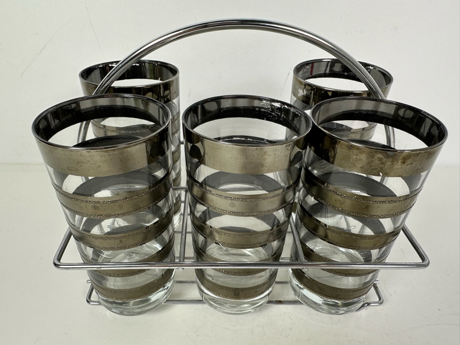 Five Vintage MCM Barware Glasses With Metal Caddy Carrier 9.5'W X 5.5'D X 7.5'H [Photo 3]