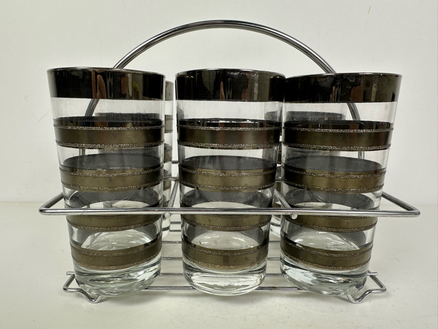 Five Vintage MCM Barware Glasses With Metal Caddy Carrier 9.5'W X 5.5'D X 7.5'H [Photo 2]