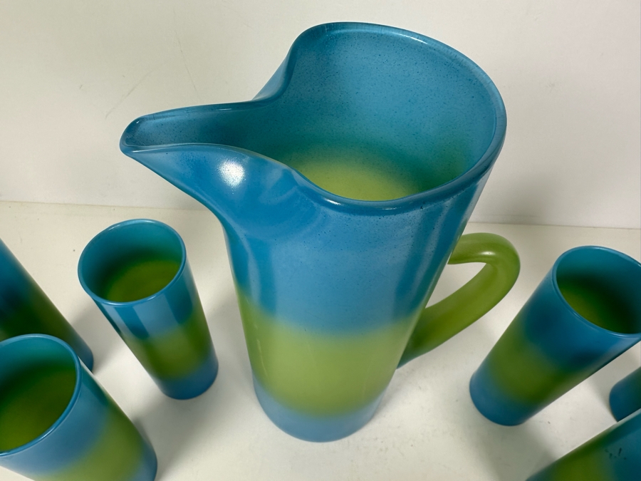 Vintage Mid-Century Modern Blendo West Virginia Glass Pitcher 11'H And Six Glasses 6.75'H [Photo 2]