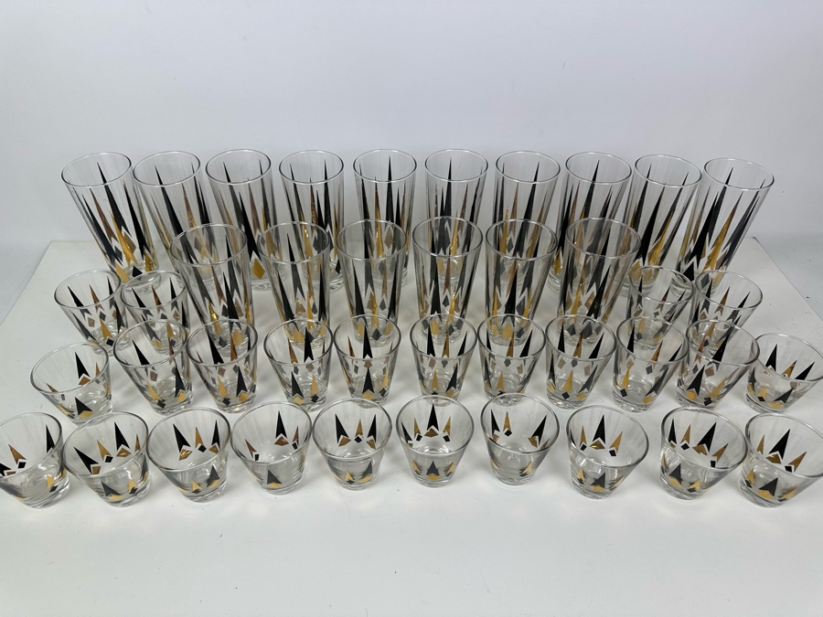 Huge Set Of Vintage MCM Atomic Barware Glasses Anchor Hocking Golden Peaks Apx 37 Glasses [Photo 4]