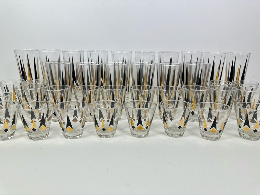 Huge Set Of Vintage MCM Atomic Barware Glasses Anchor Hocking Golden Peaks Apx 37 Glasses [Photo 3]