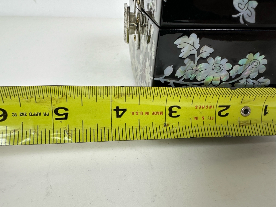 Vintage Asian Mother Of Pearl Inlay Lacquered Jewelry Box 5.25'W X 3.25'D X 3'H [Photo 11]