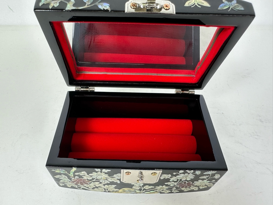 Vintage Asian Mother Of Pearl Inlay Lacquered Jewelry Box 5.25'W X 3.25'D X 3'H [Photo 8]