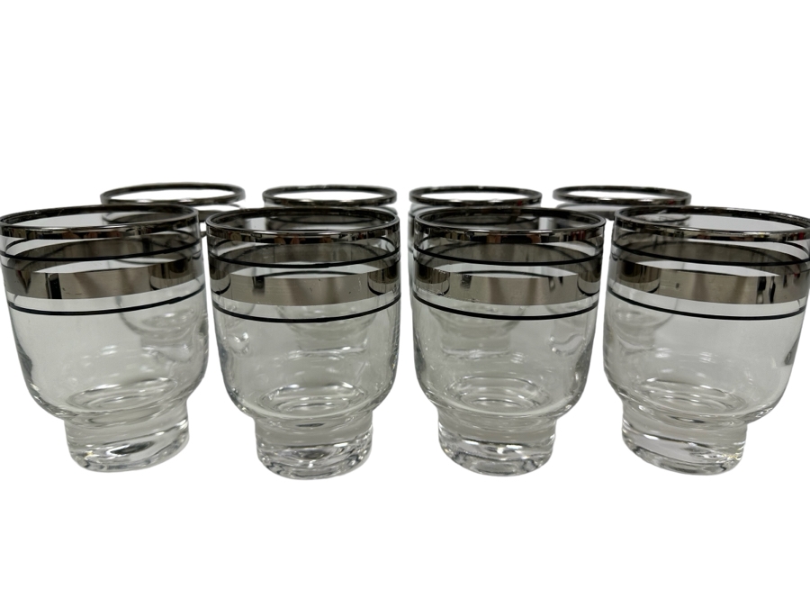 (8) Vintage MCM Eva Zeisel Platinum Black Stripe Old Fashioned Rocks Barware Glasses Stockholm 4.25'H