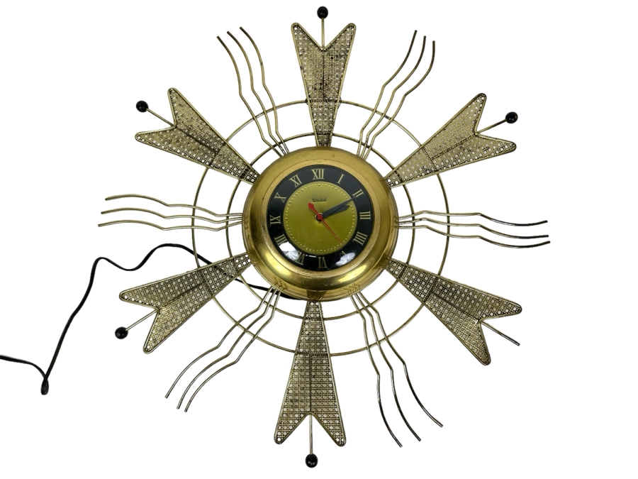 Vintage Mid-Century Modern Sunburst Wall Clock By United Clock Corp. 24'H