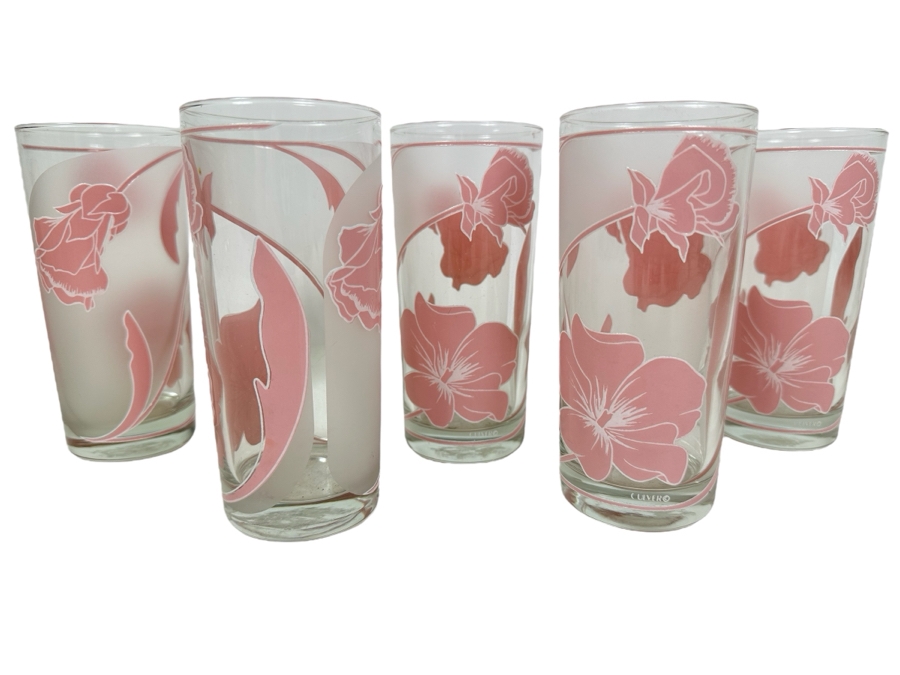 (5) Vintage Culver Pink Hibiscus Glasses 6'H